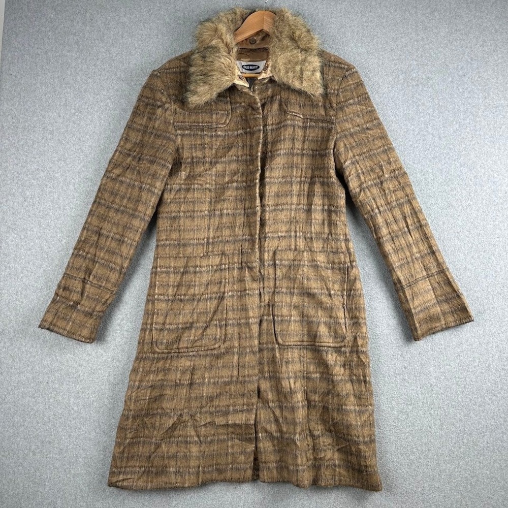 Old Navy Womens‎ Plaid Long Wool Blend Coat Faux Fur Collar Large Zip Up Warm
